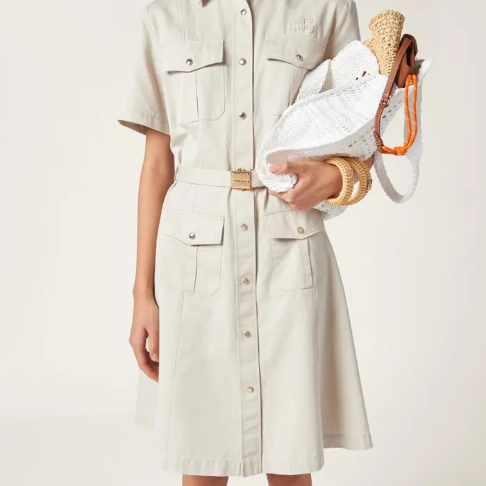 Women Miu Miu Dresses Gabardine Dress Limestone Women Miu Miu Dresses Gabardine Dress Limestone