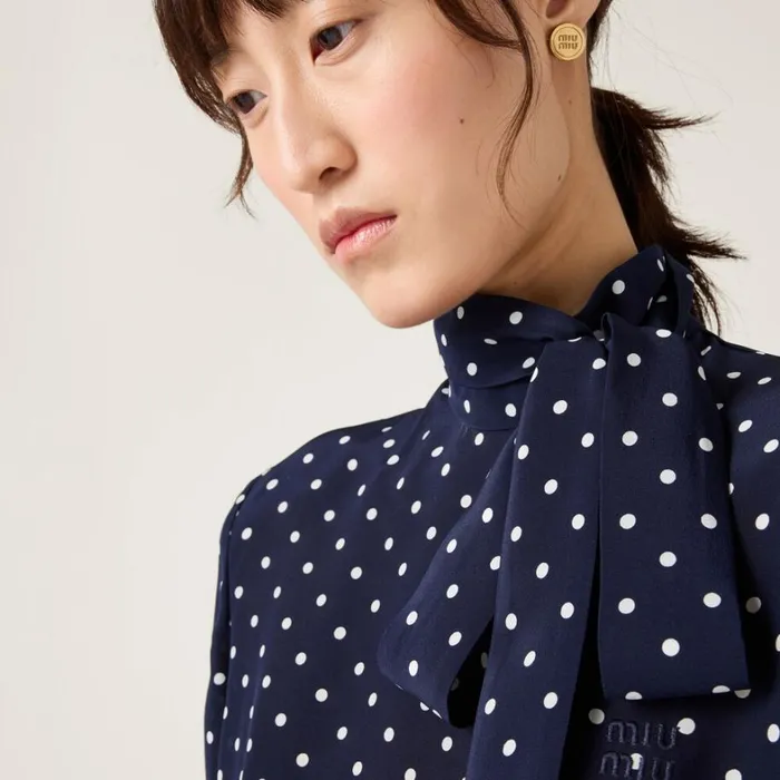 Women Miu Miu Dresses Printed Crepe De Chine Dress Blueivory Women Miu Miu Dresses Printed Crepe De Chine Dress Blueivory