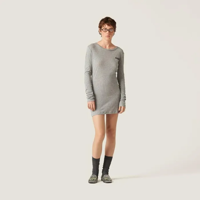 Women Miu Miu Dresses Ribbed Knit Jersey Dress Grey Women Miu Miu Dresses Ribbed Knit Jersey Dress Grey