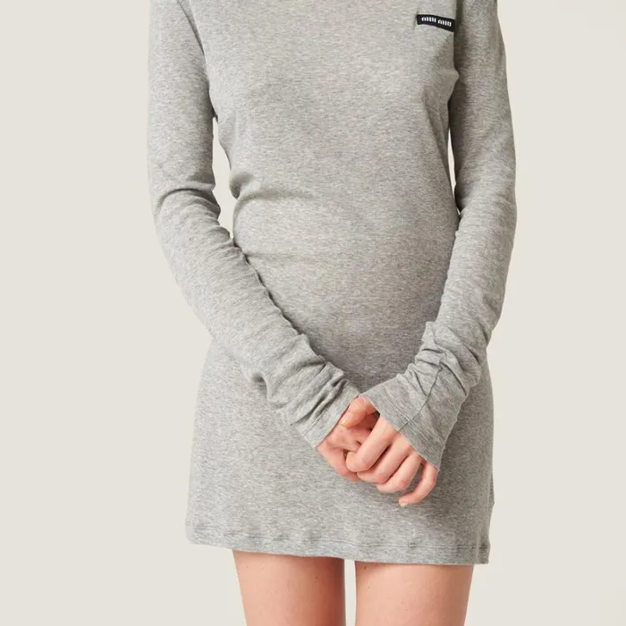 Women Miu Miu Dresses Ribbed Knit Jersey Dress Grey Women Miu Miu Dresses Ribbed Knit Jersey Dress Grey