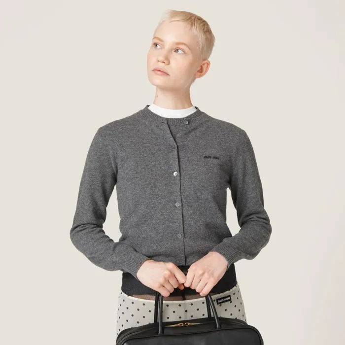 Women Miu Miu Knitwear Cashmere Knit Cardigan Slate Gray Women Miu Miu Knitwear Cashmere Knit Cardigan Slate Gray