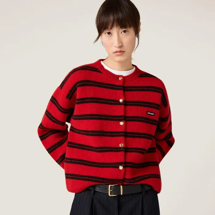 Women Miu Miu Knitwear Shetland Knit Cardigan Redblack Women Miu Miu Knitwear Shetland Knit Cardigan Redblack