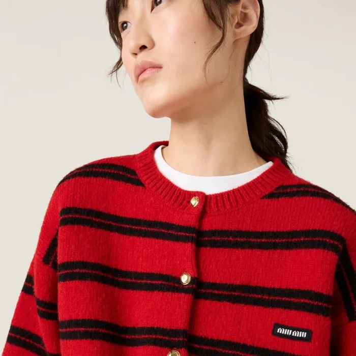 Women Miu Miu Knitwear Shetland Knit Cardigan Redblack Women Miu Miu Knitwear Shetland Knit Cardigan Redblack