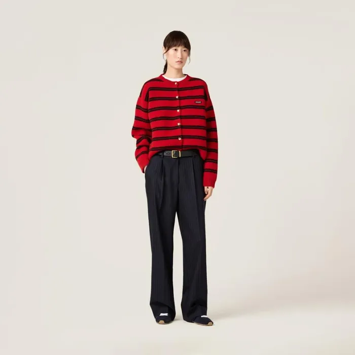 Women Miu Miu Knitwear Shetland Knit Cardigan Redblack Women Miu Miu Knitwear Shetland Knit Cardigan Redblack