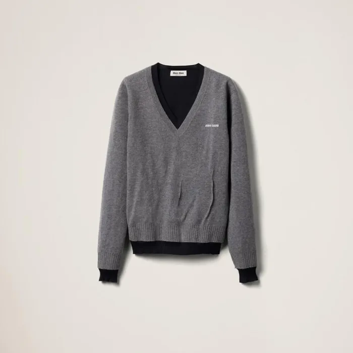 Women Miu Miu Knitwear Silk And Cashmere Vneck Sweater Greyblue