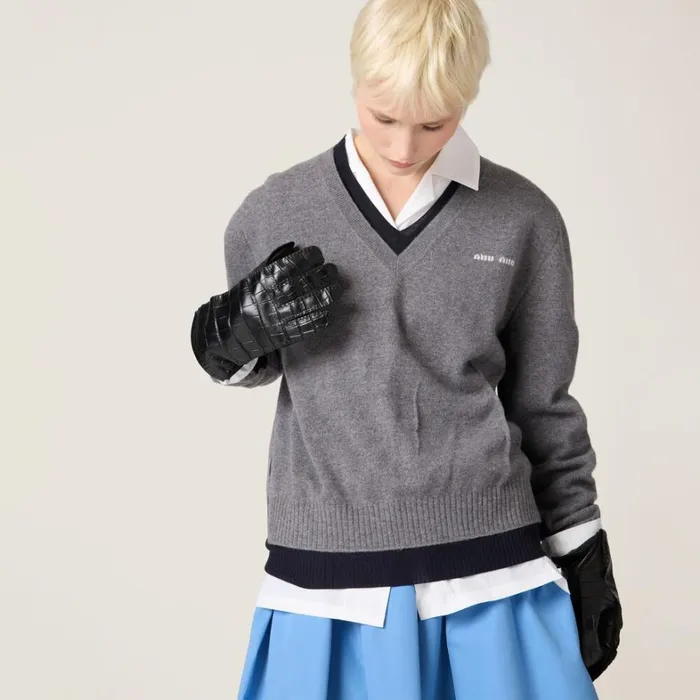 Women Miu Miu Knitwear Silk And Cashmere Vneck Sweater Greyblue Women Miu Miu Knitwear Silk And Cashmere Vneck Sweater Greyblue