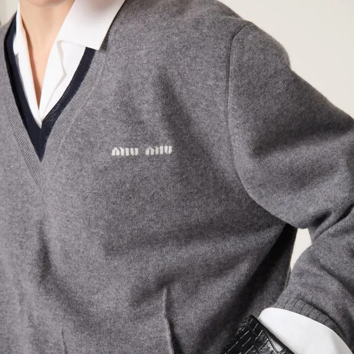 Women Miu Miu Knitwear Silk And Cashmere Vneck Sweater Greyblue Women Miu Miu Knitwear Silk And Cashmere Vneck Sweater Greyblue