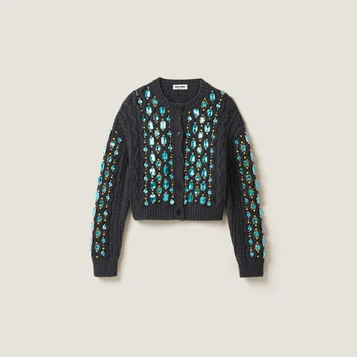 Women Miu Miu Knitwear Wool Knit Cardigan Anthracite Gray