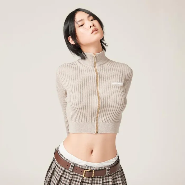 Women Miu Miu Knitwear Wool Knit Cardigan Limestone Women Miu Miu Knitwear Wool Knit Cardigan Limestone