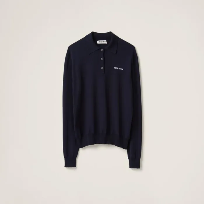 Women Miu Miu Knitwear Wool Knit Polo Shirt Navy