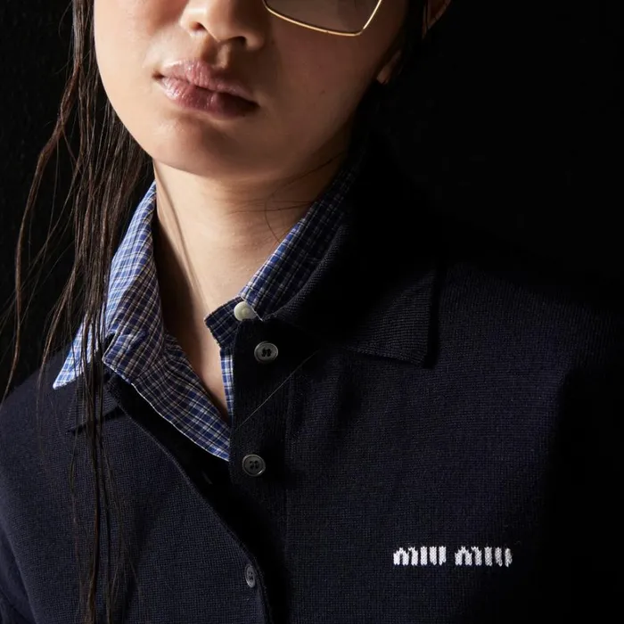 Women Miu Miu Knitwear Wool Knit Polo Shirt Navy Women Miu Miu Knitwear Wool Knit Polo Shirt Navy