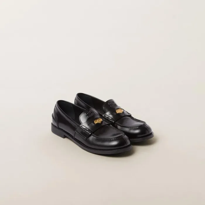 Women Miu Miu Loafers And LaceUps Brushed Leather Penny Loafers Black