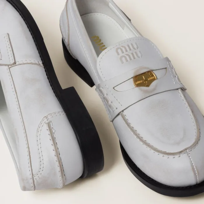 Women Miu Miu Loafers And LaceUps Vintageeffect Leather Penny Loafers White Women Miu Miu Loafers And LaceUps Vintageeffect Leather Penny Loafers White