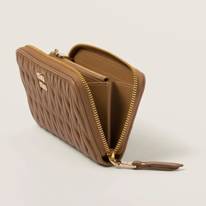 Women Miu Miu Long Wallets Large Matelass Nappa Leather Wallet Caramel