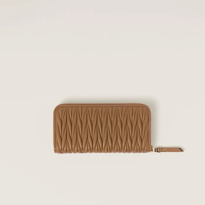 Women Miu Miu Long Wallets Large Matelass Nappa Leather Wallet Caramel