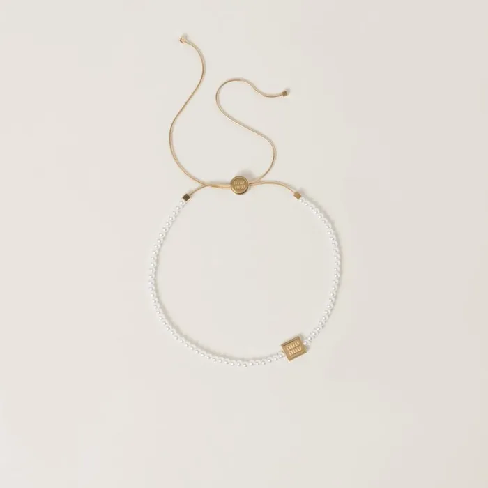 Women Miu Miu Necklaces Metal Choker With Artificial Pearls Goldcream