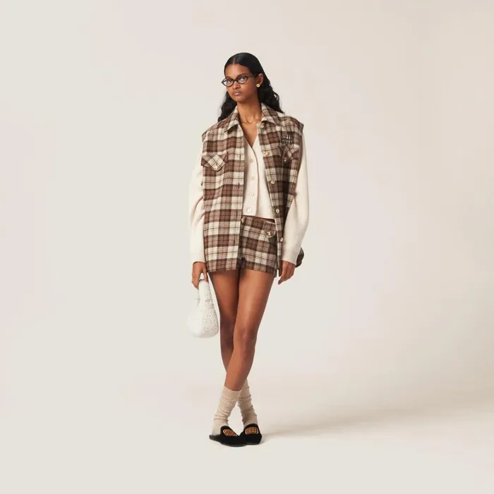 Women Miu Miu Pants And Shorts Checked Shorts Cocoa Brown Women Miu Miu Pants And Shorts Checked Shorts Cocoa Brown