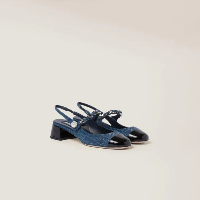 Women Miu Miu Pumps Denim And Patent Leather Slingback Pumps With Artificial Crystals Denimblack