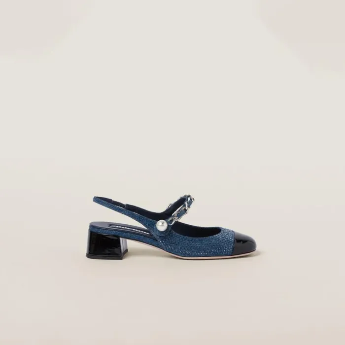 Women Miu Miu Pumps Denim And Patent Leather Slingback Pumps With Artificial Crystals Denimblack Women Miu Miu Pumps Denim And Patent Leather Slingback Pumps With Artificial Crystals Denimblack