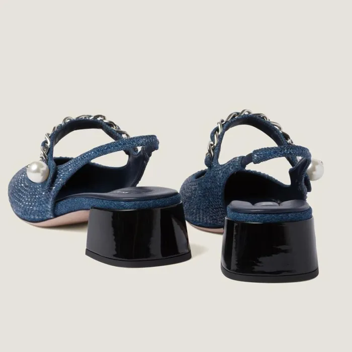 Women Miu Miu Pumps Denim And Patent Leather Slingback Pumps With Artificial Crystals Denimblack Women Miu Miu Pumps Denim And Patent Leather Slingback Pumps With Artificial Crystals Denimblack