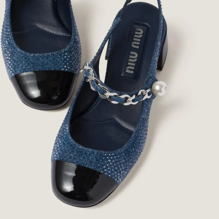 Women Miu Miu Pumps Denim And Patent Leather Slingback Pumps With Artificial Crystals Denimblack Women Miu Miu Pumps Denim And Patent Leather Slingback Pumps With Artificial Crystals Denimblack