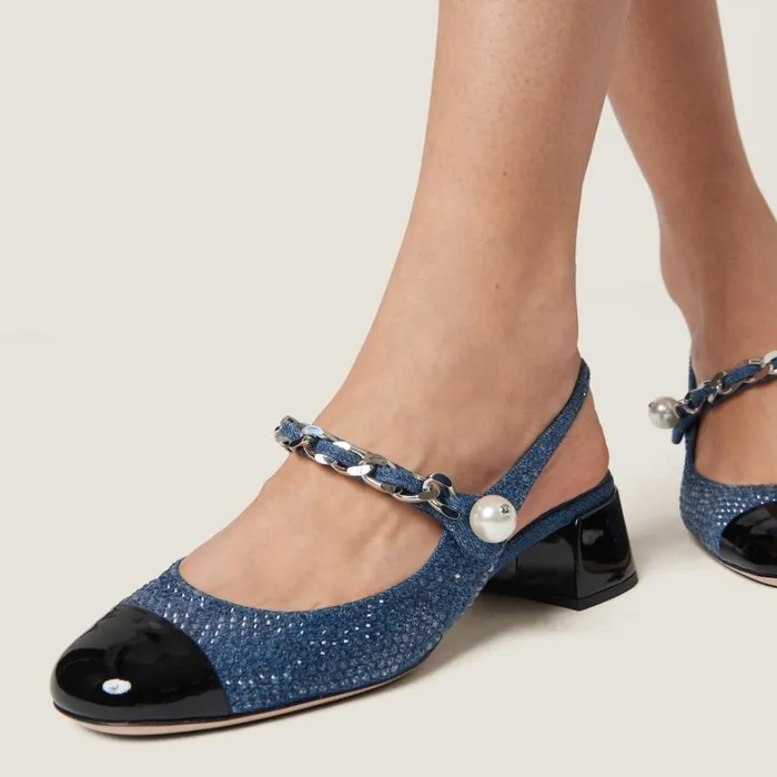 Women Miu Miu Pumps Denim And Patent Leather Slingback Pumps With Artificial Crystals Denimblack Women Miu Miu Pumps Denim And Patent Leather Slingback Pumps With Artificial Crystals Denimblack