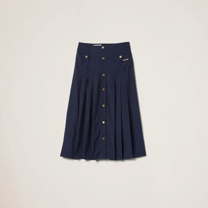 Women Miu Miu Skirts Long Pleated Marocain Skirt Navy