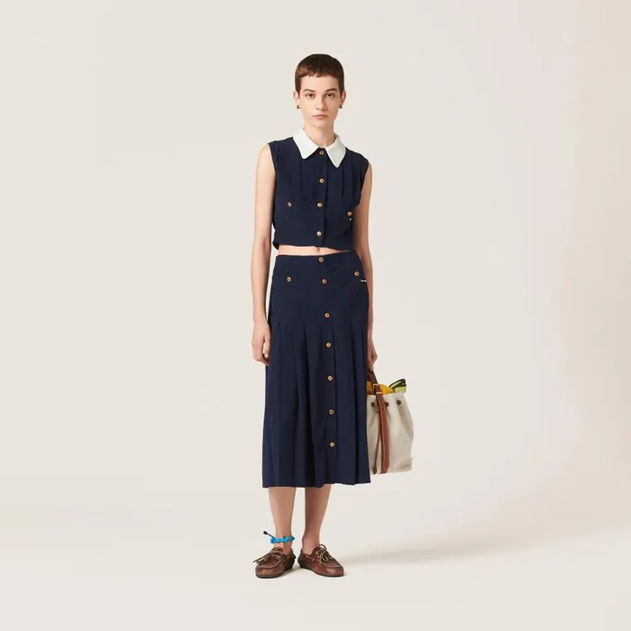 Women Miu Miu Skirts Long Pleated Marocain Skirt Navy Women Miu Miu Skirts Long Pleated Marocain Skirt Navy
