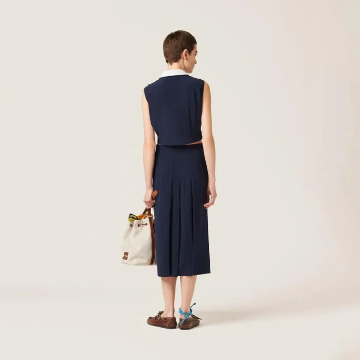 Women Miu Miu Skirts Long Pleated Marocain Skirt Navy Women Miu Miu Skirts Long Pleated Marocain Skirt Navy