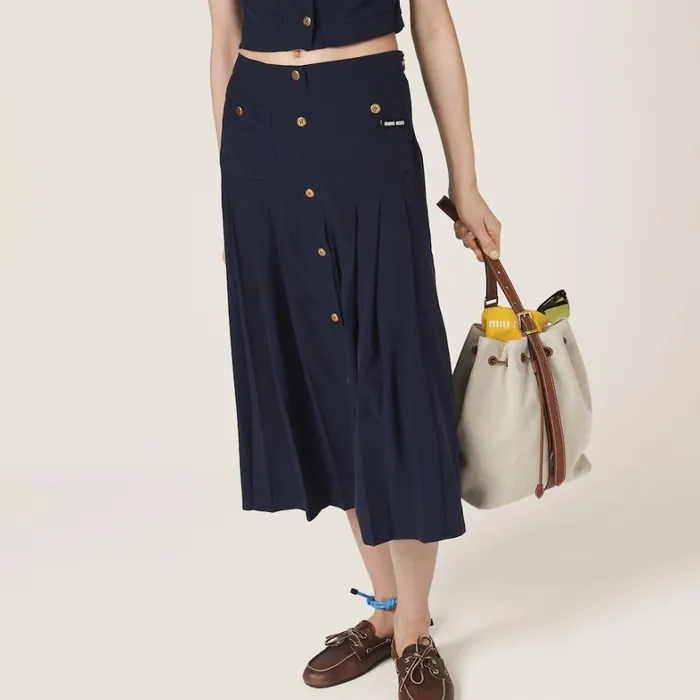 Women Miu Miu Skirts Long Pleated Marocain Skirt Navy Women Miu Miu Skirts Long Pleated Marocain Skirt Navy