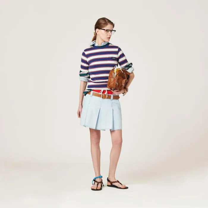 Women Miu Miu Skirts Pleated Chambray Skirt Light Blue Women Miu Miu Skirts Pleated Chambray Skirt Light Blue