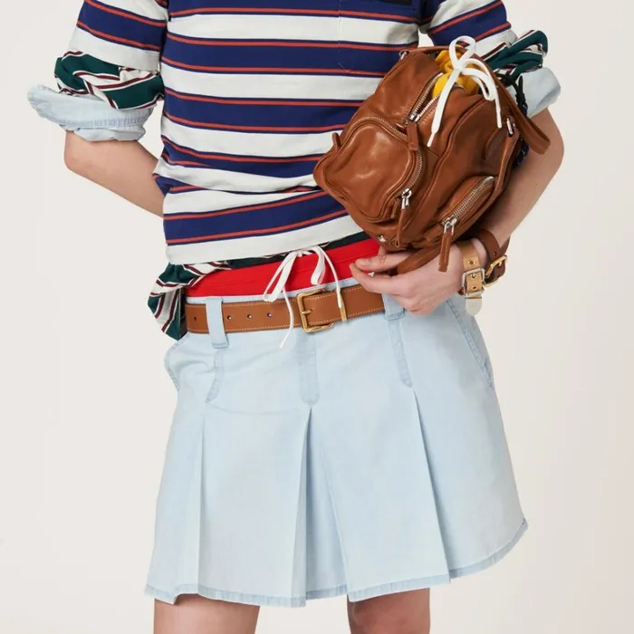 Women Miu Miu Skirts Pleated Chambray Skirt Light Blue Women Miu Miu Skirts Pleated Chambray Skirt Light Blue