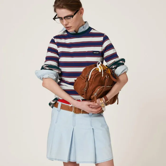 Women Miu Miu Skirts Pleated Chambray Skirt Light Blue Women Miu Miu Skirts Pleated Chambray Skirt Light Blue