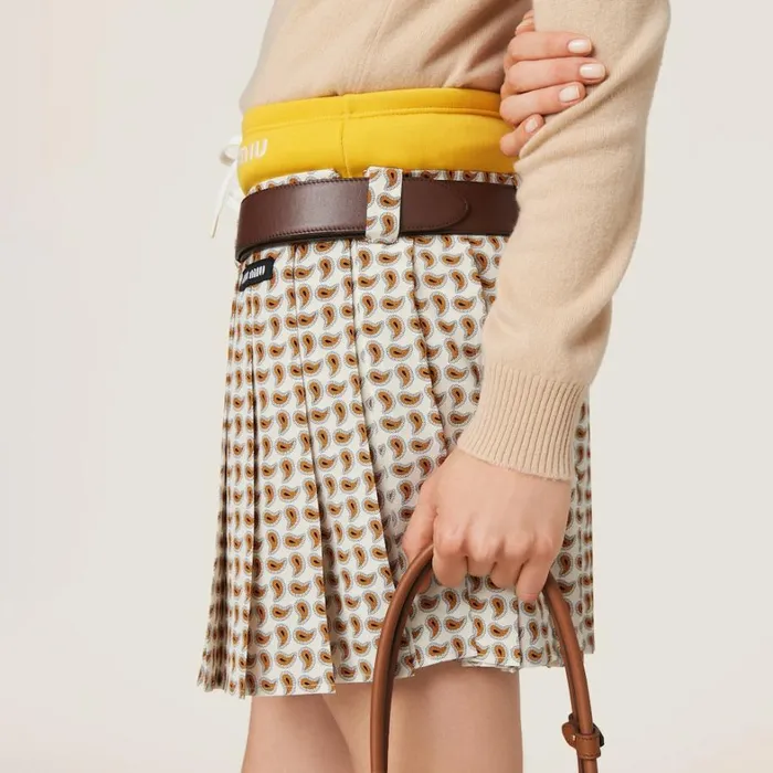 Women Miu Miu Skirts Pleated Paisley Print Marocain Miniskirt Avory Orange Women Miu Miu Skirts Pleated Paisley Print Marocain Miniskirt Avory Orange