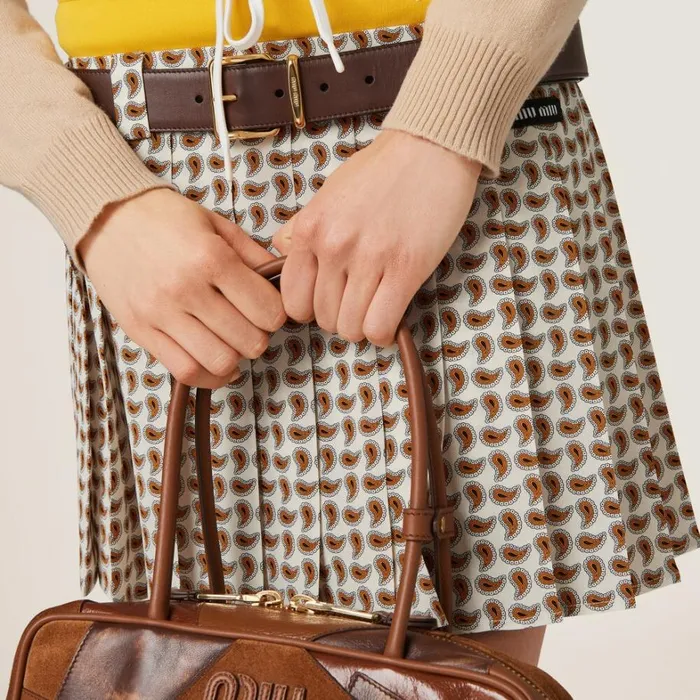 Women Miu Miu Skirts Pleated Paisley Print Marocain Miniskirt Avory Orange Women Miu Miu Skirts Pleated Paisley Print Marocain Miniskirt Avory Orange