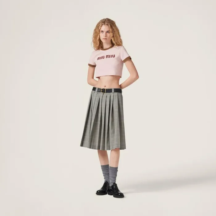 Women Miu Miu Skirts Prince Of Wales Check Pleated Skirt Cinnamon Women Miu Miu Skirts Prince Of Wales Check Pleated Skirt Cinnamon