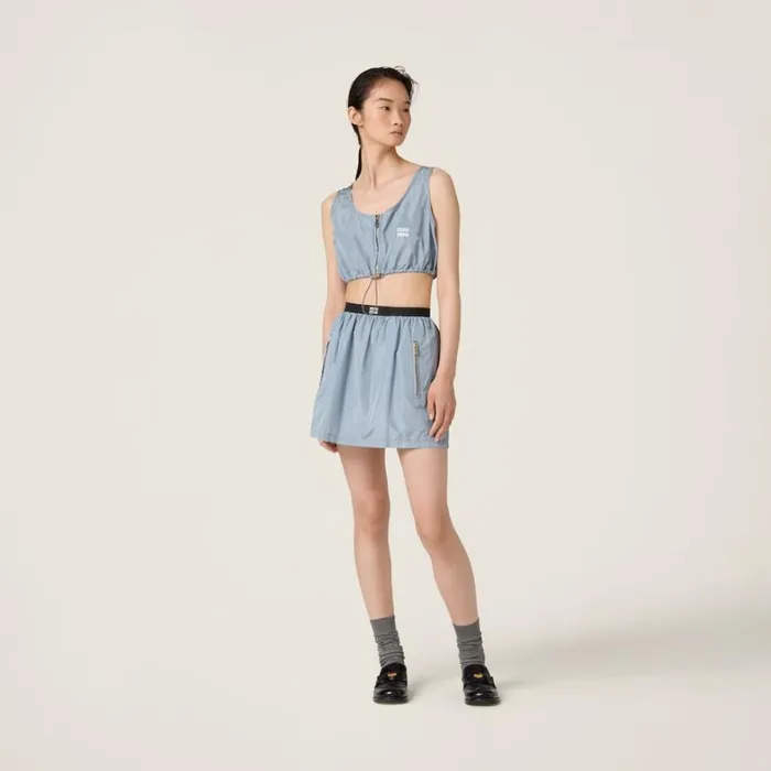 Women Miu Miu Skirts Technical Silk Miniskirt Astral Blue Women Miu Miu Skirts Technical Silk Miniskirt Astral Blue