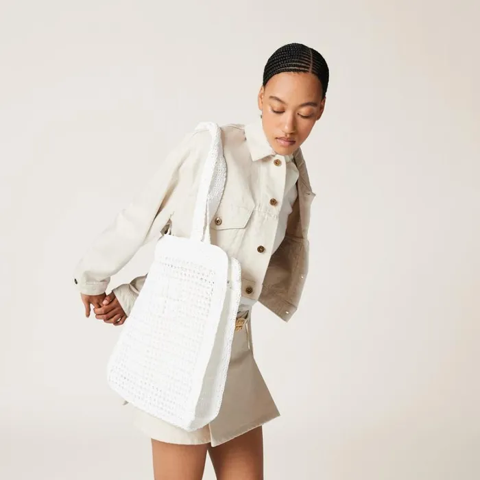 Women Miu Miu Totes Woven Fabric Tote Bag White Women Miu Miu Totes Woven Fabric Tote Bag White