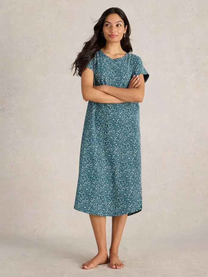 Women Nightwear White Stuff Tilda Midi Jersey Nightie Teal Print
