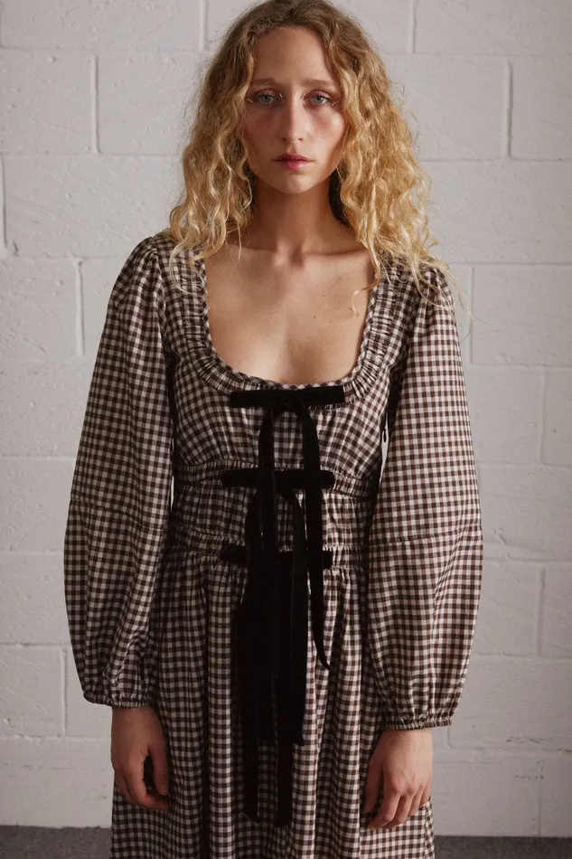 Women Occasion Wear Damson Madder Dakota Bow Midi Dress 8211 Chocolate Check