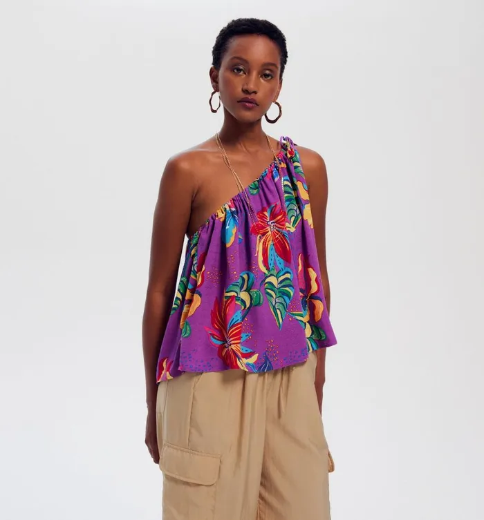 Women OneShoulder Patterned Top 8211 Violet Prints Promod Tops Women OneShoulder Patterned Top 8211 Violet Prints Promod Tops