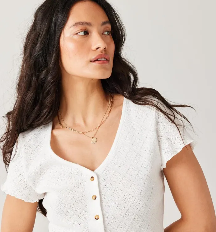Women Pointelle TShirt 8211 Ecru Promod Tops Women Pointelle TShirt 8211 Ecru Promod Tops