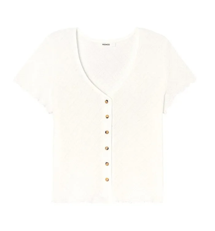 Women Pointelle TShirt 8211 Ecru Promod Tops Women Pointelle TShirt 8211 Ecru Promod Tops