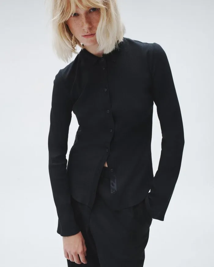Women Rag 038 Bone TShirts Ribbed Button Down Shirt Black