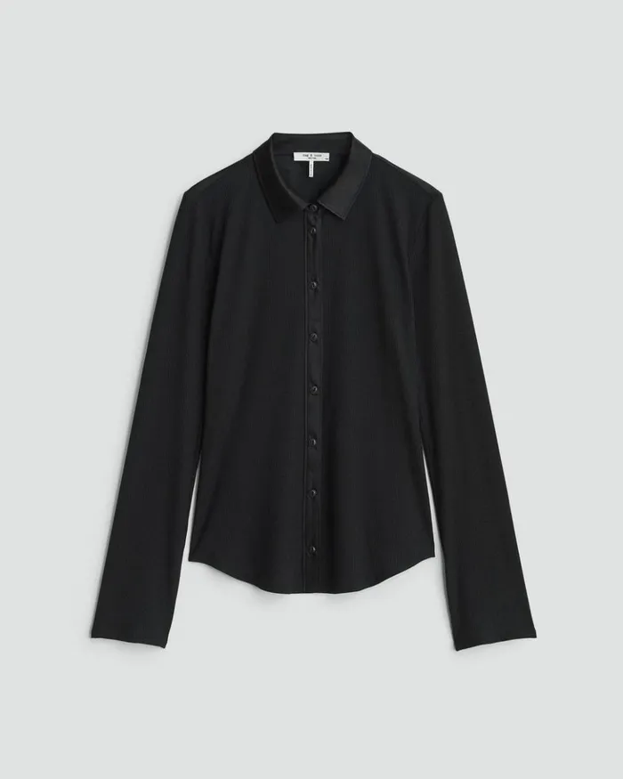 Women Rag 038 Bone TShirts Ribbed Button Down Shirt Black