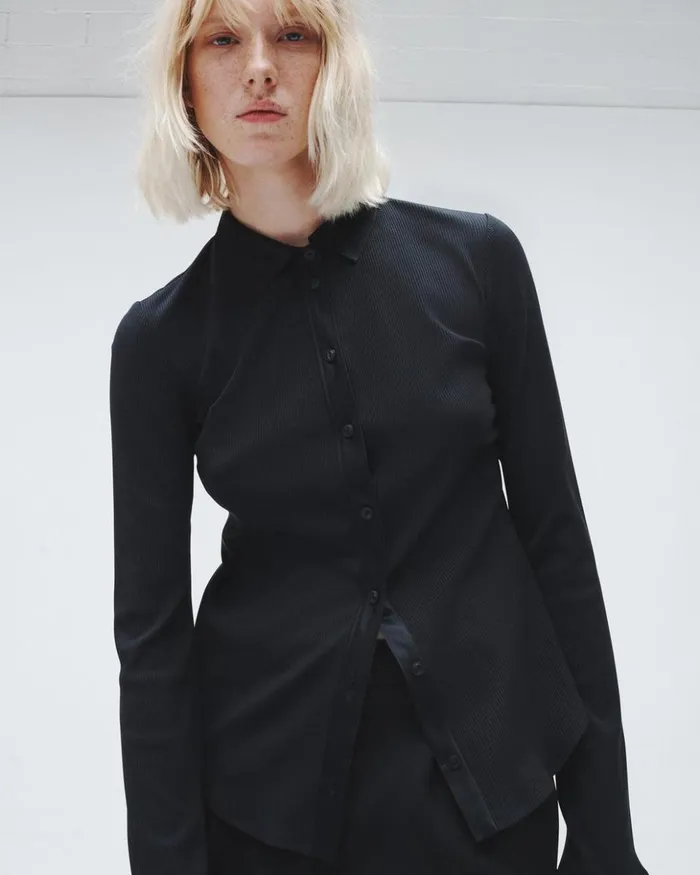 Women Rag 038 Bone TShirts Ribbed Button Down Shirt Black