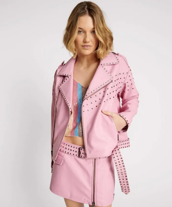 Women RIZZO PINK STUDDED LEATHER MOTO JACKET One Teaspoon Jackets