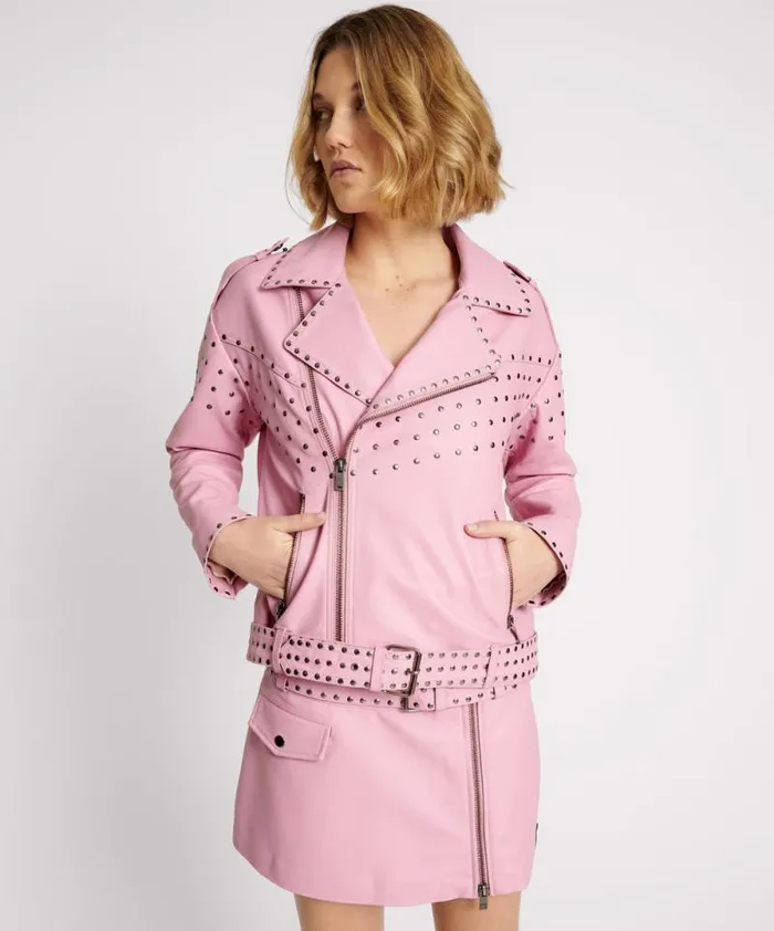 Women RIZZO PINK STUDDED LEATHER MOTO JACKET One Teaspoon Jackets