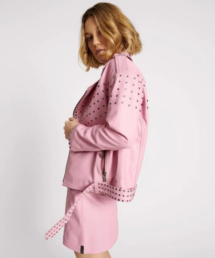 Women RIZZO PINK STUDDED LEATHER MOTO JACKET One Teaspoon Jackets