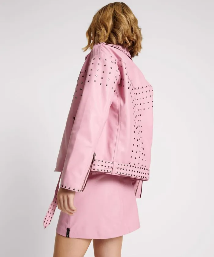 Women RIZZO PINK STUDDED LEATHER MOTO JACKET One Teaspoon Jackets